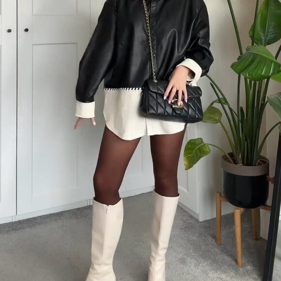 H&M Black and White Leather Jacket with Studded Collar - Picture 10 of 11